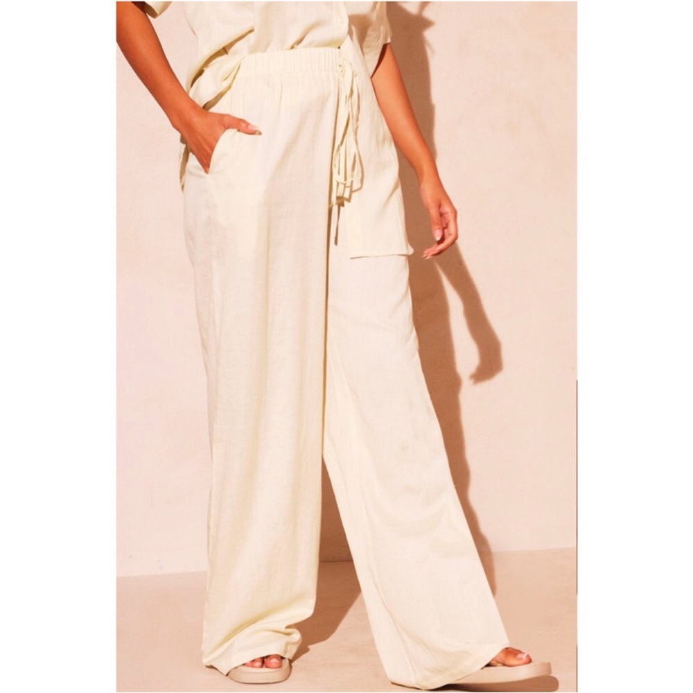 NWT Pretty Little Thing Tall Stone Linen Extreme Wide Leg Pants Trousers Medium